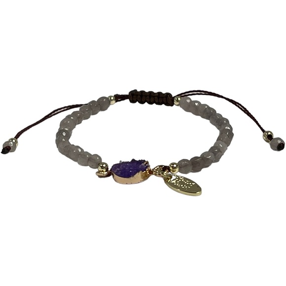 Pull tie cloudy grey crystal beaded bracelet with purple crystal charm NEW - Picture 9 of 9